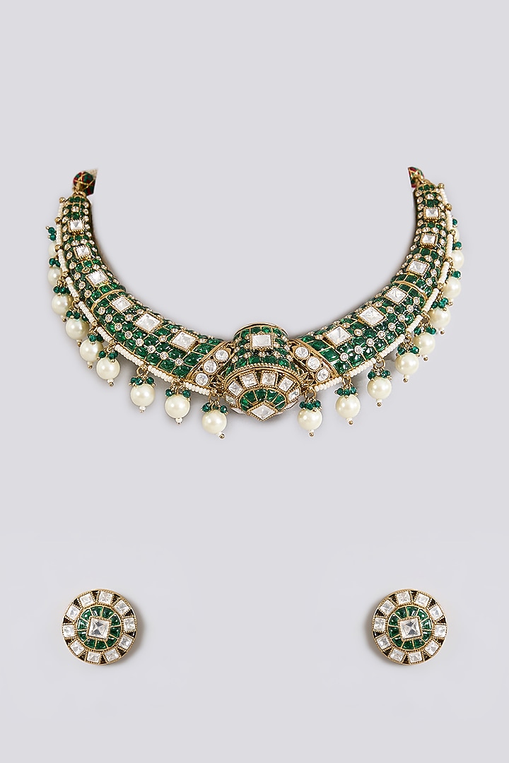 Gold Finish Kundan Stone Emerald Enameled Choker Necklace Set by Aura Trends at Pernia's Pop Up Shop