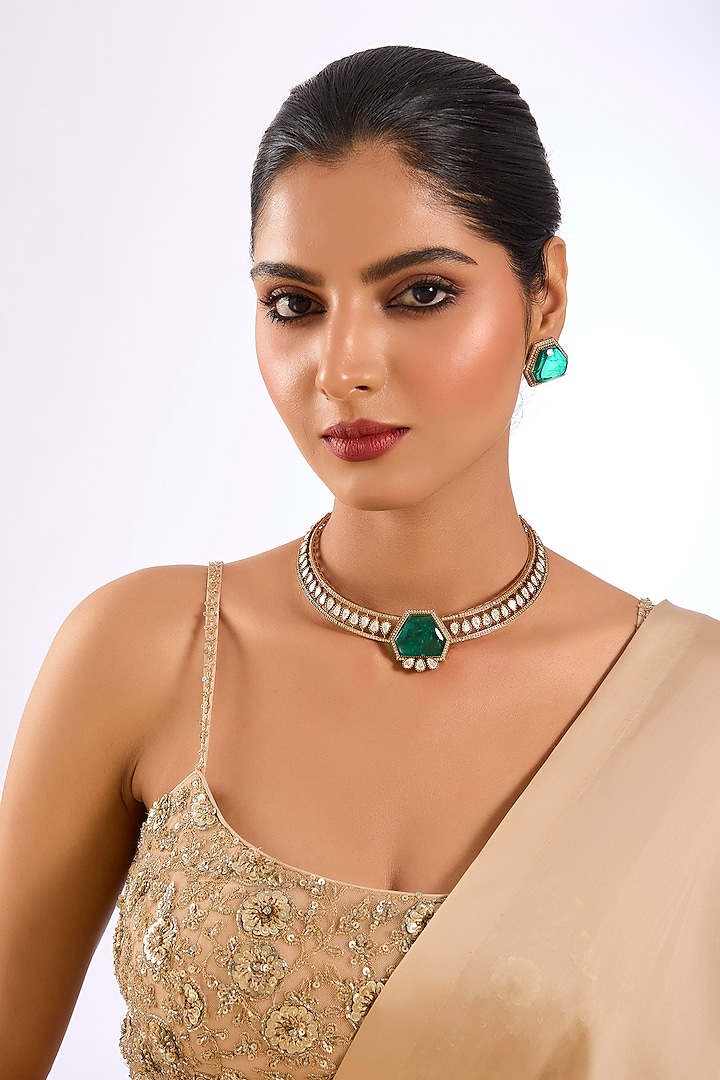 Gold Finish Kundan Polki & Emerald Stone Choker Necklace Set by Auraa Trends at Pernia's Pop Up Shop