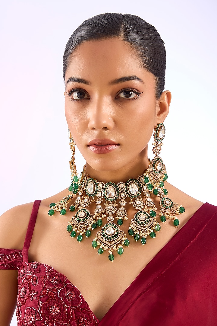 Gold Finish Kundan Polki & Emerald Green Drop Choker Necklace Set by Auraa Trends at Pernia's Pop Up Shop
