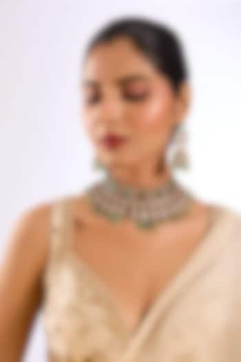 Gold Finish Kundan Polki & Soft Green Drop Choker Necklace Set by Auraa Trends at Pernia's Pop Up Shop