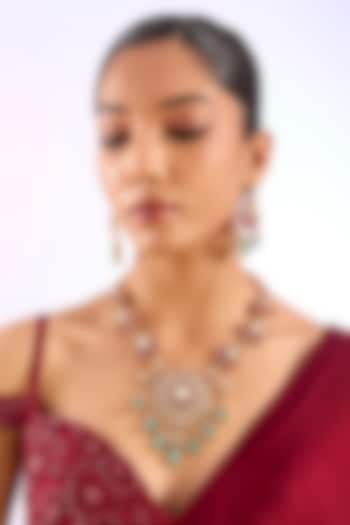 Gold Finish Kundan Polki & Ruby Drop Necklace Set by Auraa Trends at Pernia's Pop Up Shop