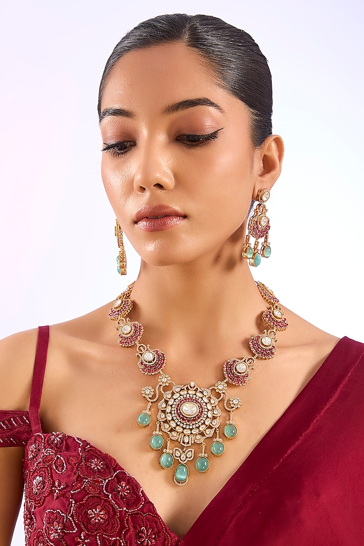 Gold Finish Kundan Polki & Ruby Drop Necklace Set by Auraa Trends at Pernia's Pop Up Shop