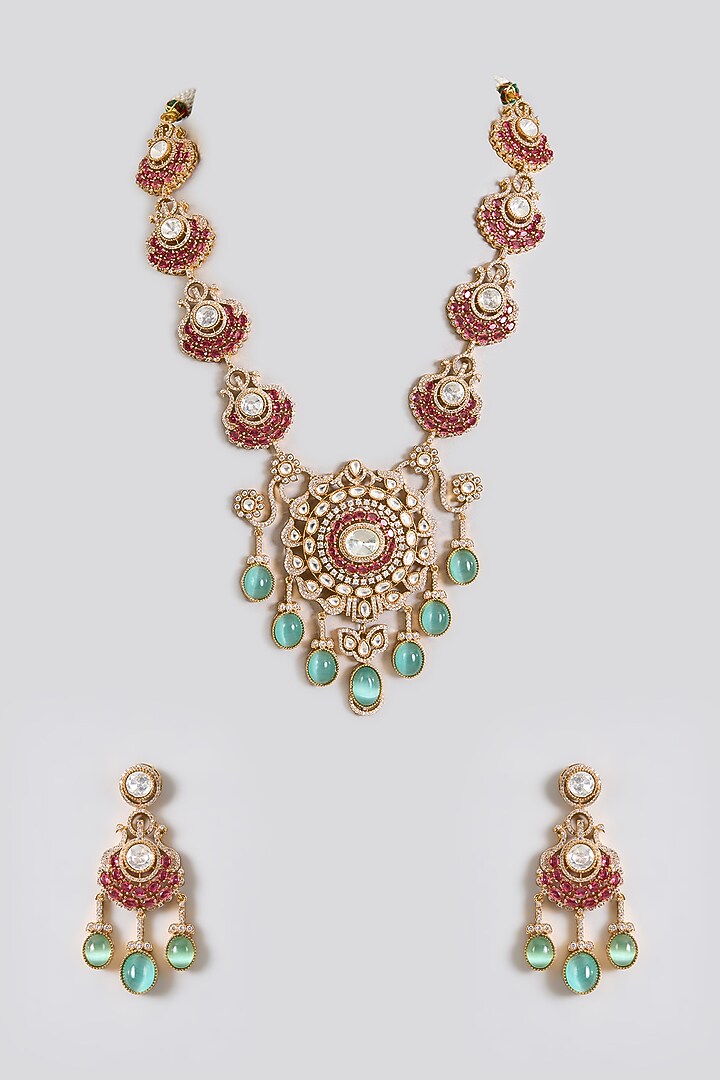 Gold Finish Kundan Polki & Ruby Drop Necklace Set by Aura Trends at Pernia's Pop Up Shop
