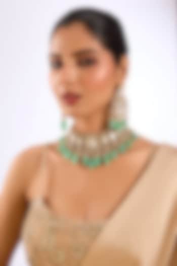 Gold Finish Kundan Polki & Mint Green Beaded Choker Necklace Set by Auraa Trends at Pernia's Pop Up Shop