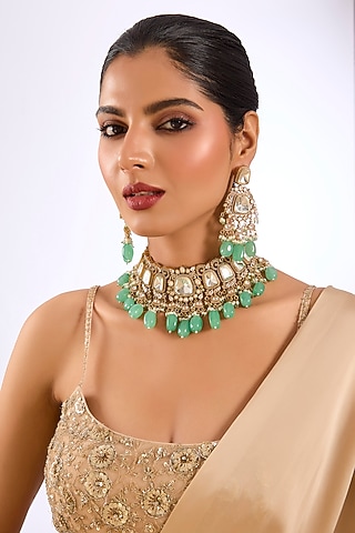 Gold Finish Kundan Polki & Mint Green Beaded Choker Necklace Set by Aura Trends