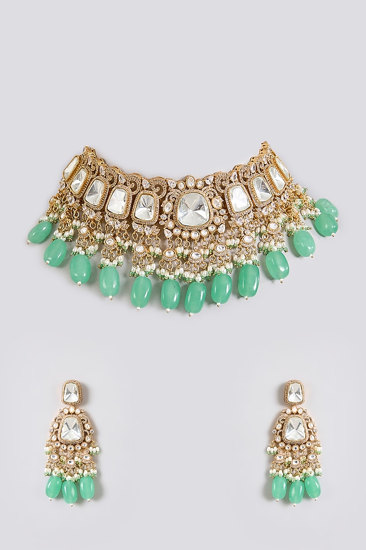 Gold Finish Kundan Polki & Mint Green Beaded Choker Necklace Set by Aura Trends at Pernia's Pop Up Shop