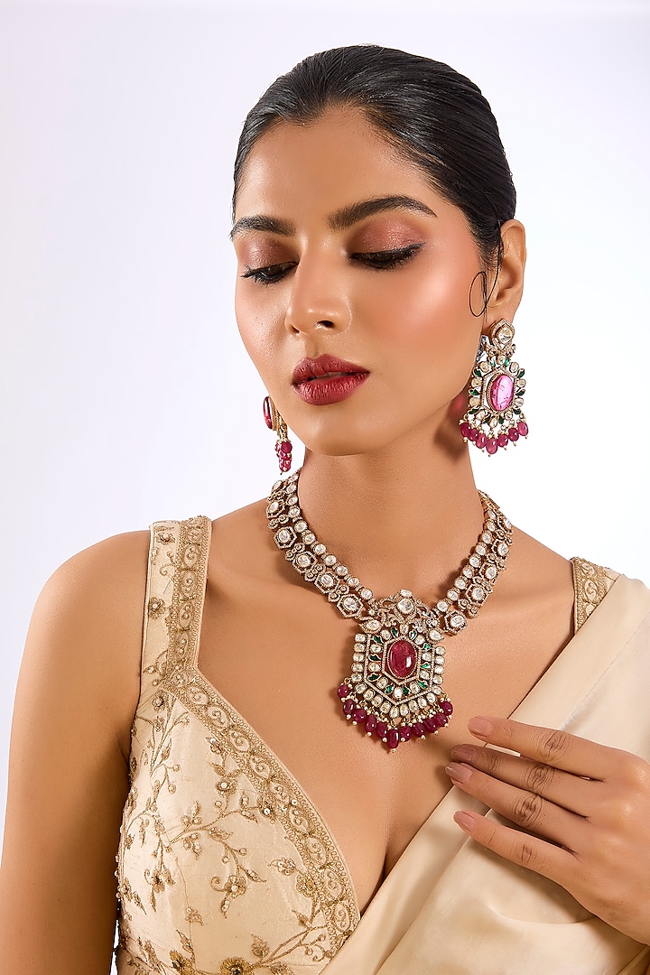 Gold Finish Kundan Polki & Ruby Pink Stone Necklace Set by Auraa Trends at Pernia's Pop Up Shop