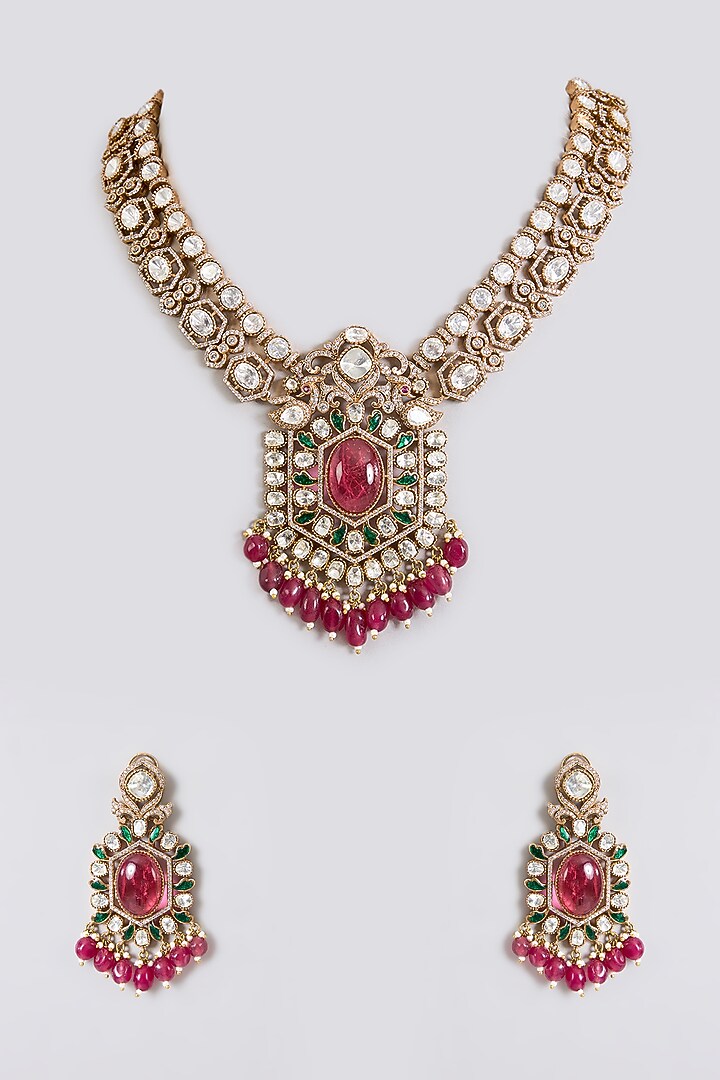 Gold Finish Kundan Polki & Ruby Pink Stone Necklace Set by Aura Trends at Pernia's Pop Up Shop