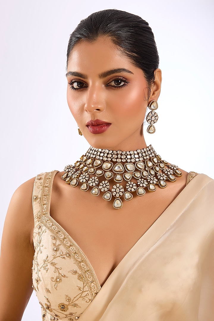 Gold Finish Floral Motif & Kundan Stone Choker Necklace Set by Auraa Trends at Pernia's Pop Up Shop