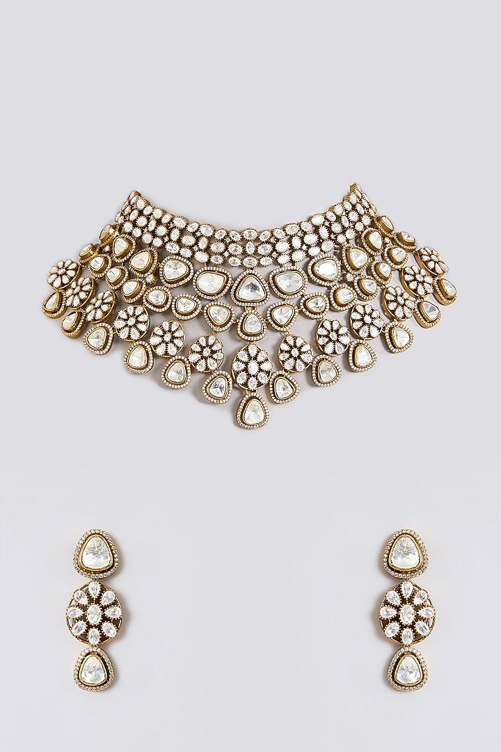 Gold Finish Floral Motif & Kundan Stone Choker Necklace Set by Aura Trends at Pernia's Pop Up Shop