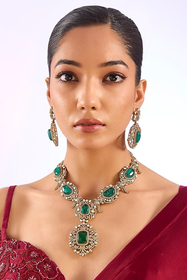 Gold Finish Kundan Polki & Emerald Stone Necklace Set by Auraa Trends at Pernia's Pop Up Shop