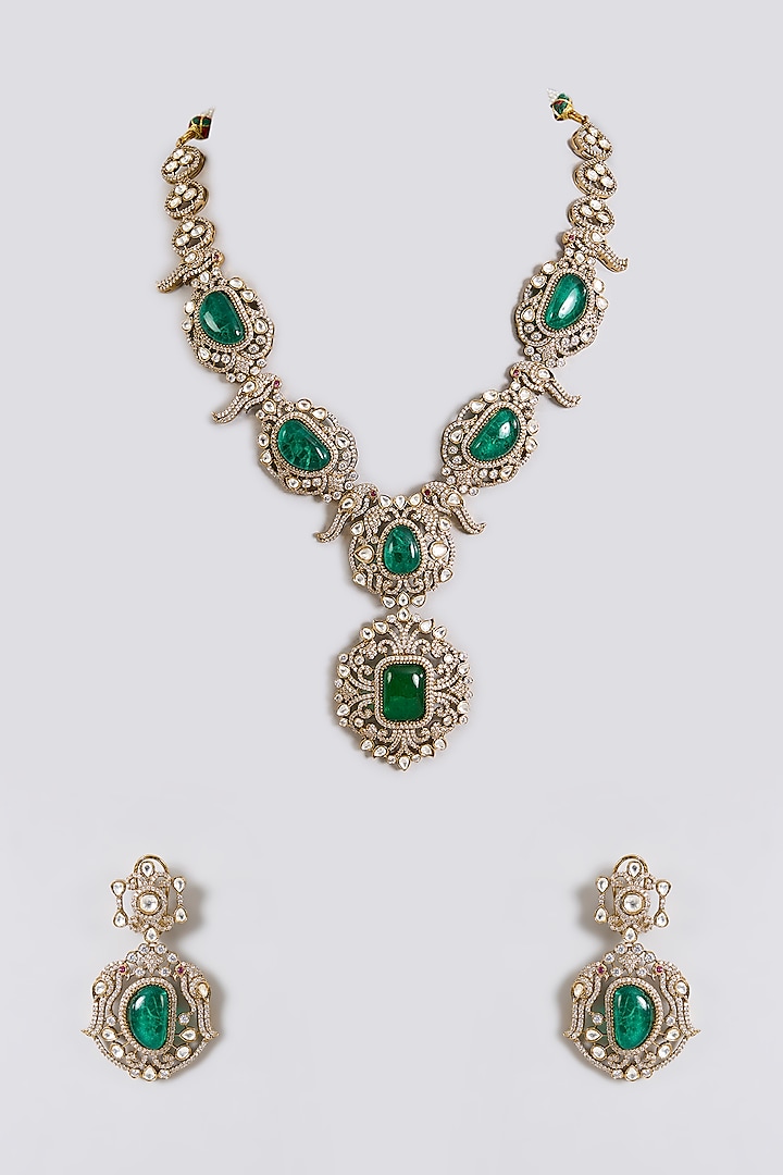 Gold Finish Kundan Polki & Emerald Stone Necklace Set by Aura Trends at Pernia's Pop Up Shop