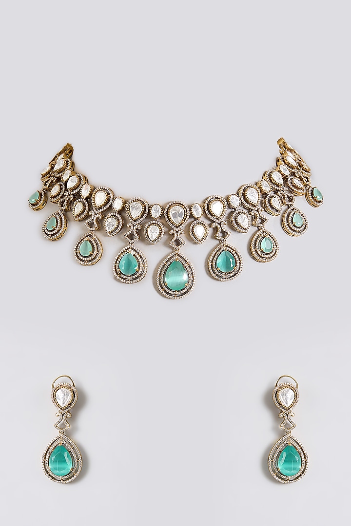Gold Finish Kundan Polki & Mint Drop Choker Necklace Set by Aura Trends at Pernia's Pop Up Shop