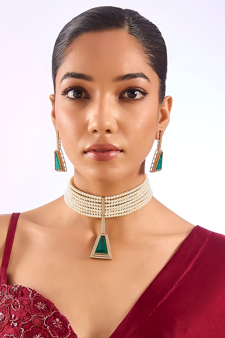 Gold Finish Pearl & Emerald Drop Choker Pendant Necklace Set by Auraa Trends at Pernia's Pop Up Shop