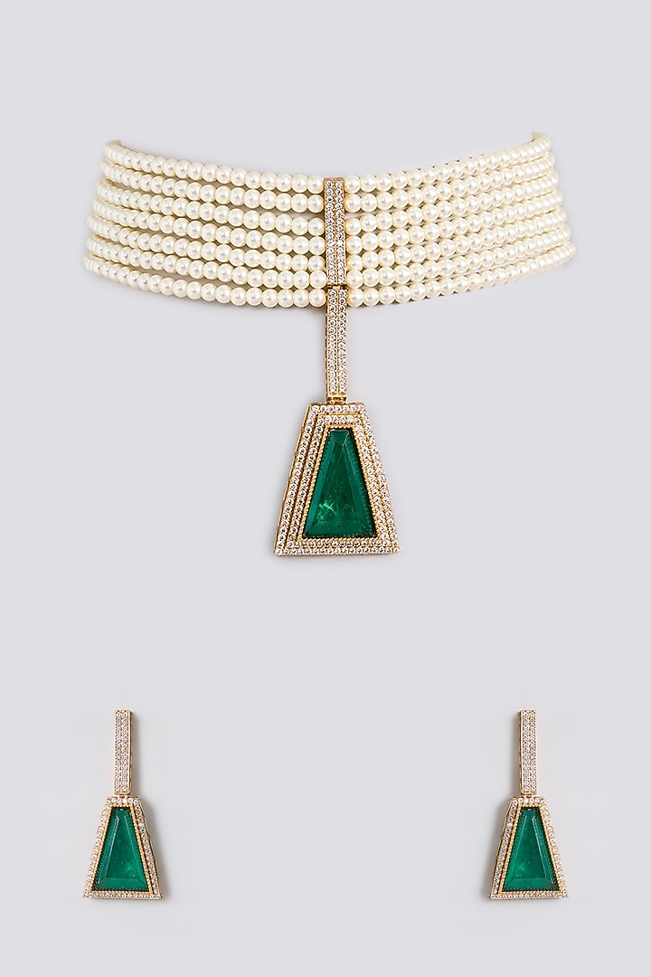 Gold Finish Pearl & Emerald Drop Choker Pendant Necklace Set by Aura Trends at Pernia's Pop Up Shop