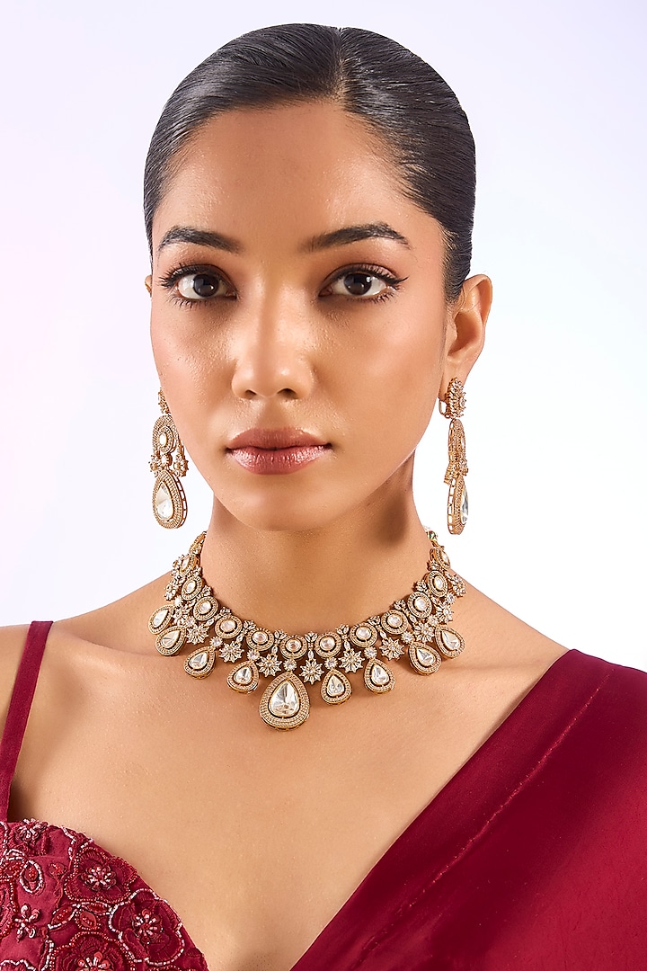 Gold Finish Kundan Polki Choker Necklace Set by Auraa Trends at Pernia's Pop Up Shop