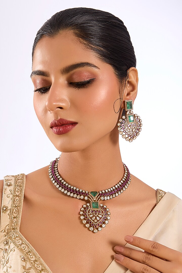 Gold Finish Kundan Polki & Ruby Stone Pendant Necklace Set by Auraa Trends at Pernia's Pop Up Shop