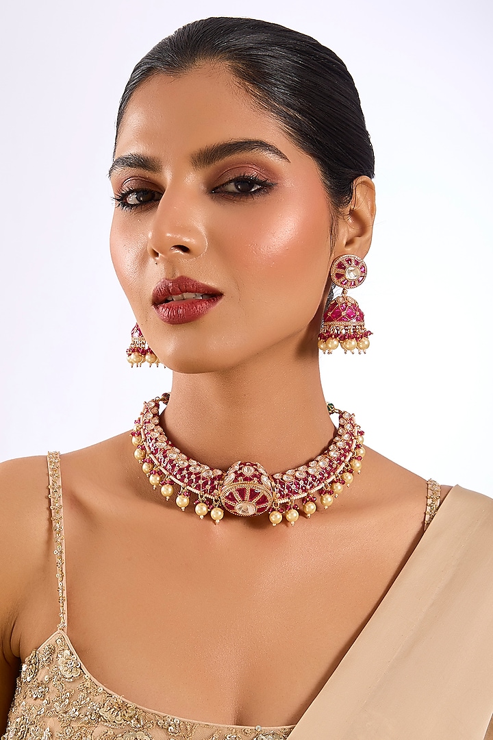 Gold Finish Kundan Polki & Fuchsia Pink Stone Choker Necklace Set by Auraa Trends at Pernia's Pop Up Shop