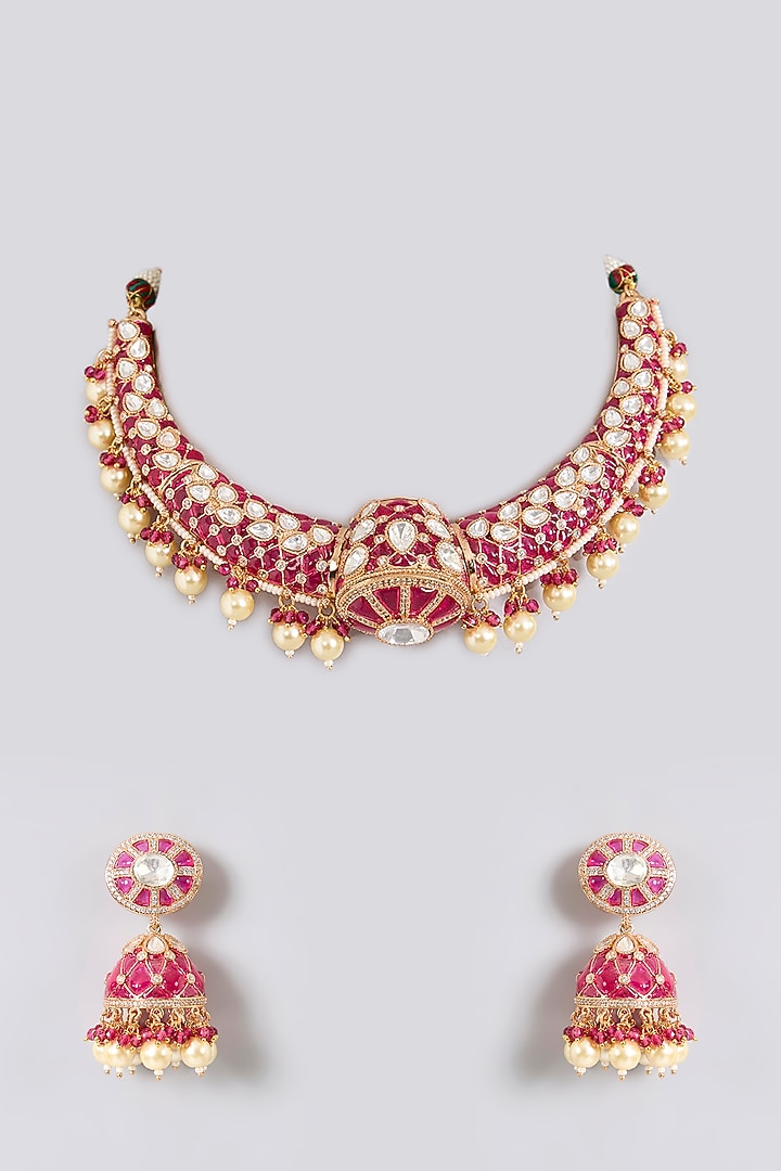 Gold Finish Kundan Polki & Fuchsia Pink Stone Choker Necklace Set by Aura Trends at Pernia's Pop Up Shop