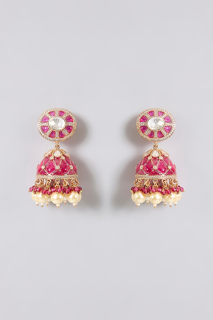 Gold Finish Kundan Polki & Fuchsia Pink Stone Choker Necklace Set by Aura Trends at Pernia's Pop Up Shop