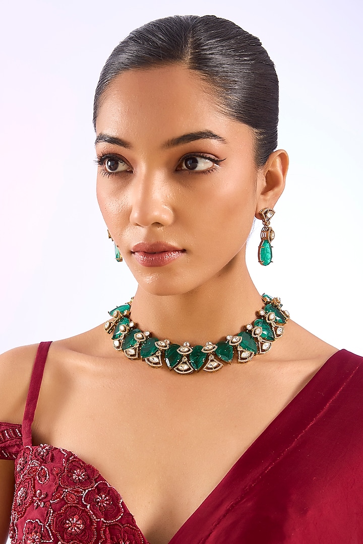 Gold Finish Kundan Polki & Deep Green Stone Choker Necklace Set by Auraa Trends at Pernia's Pop Up Shop