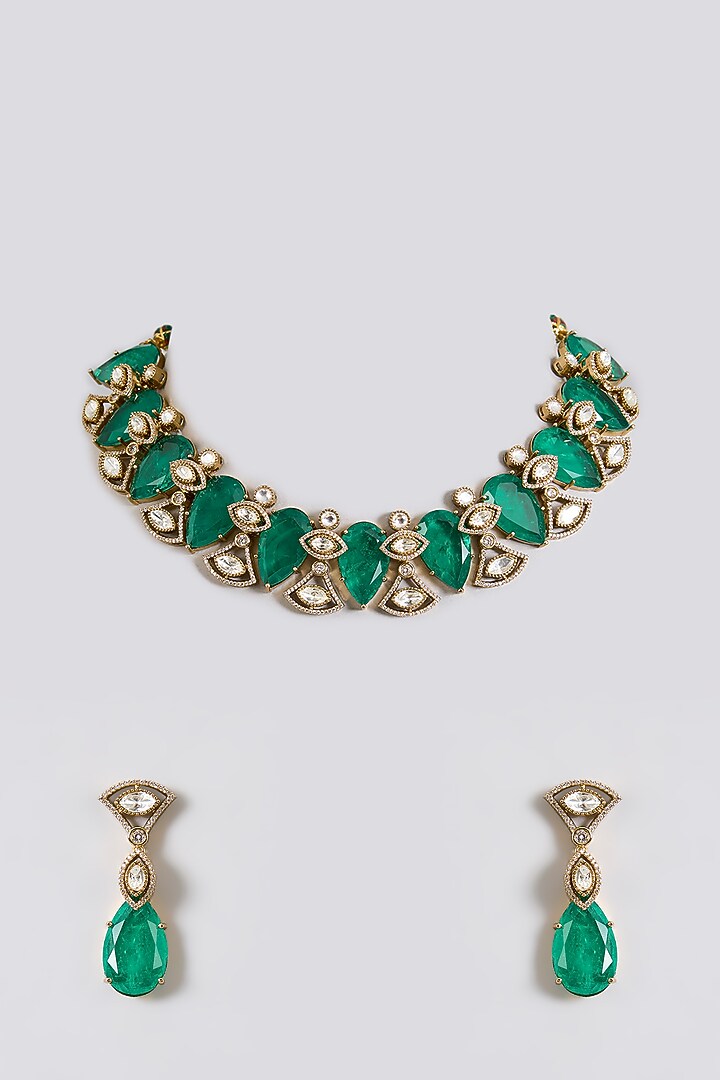 Gold Finish Kundan Polki & Deep Green Stone Choker Necklace Set by Aura Trends at Pernia's Pop Up Shop