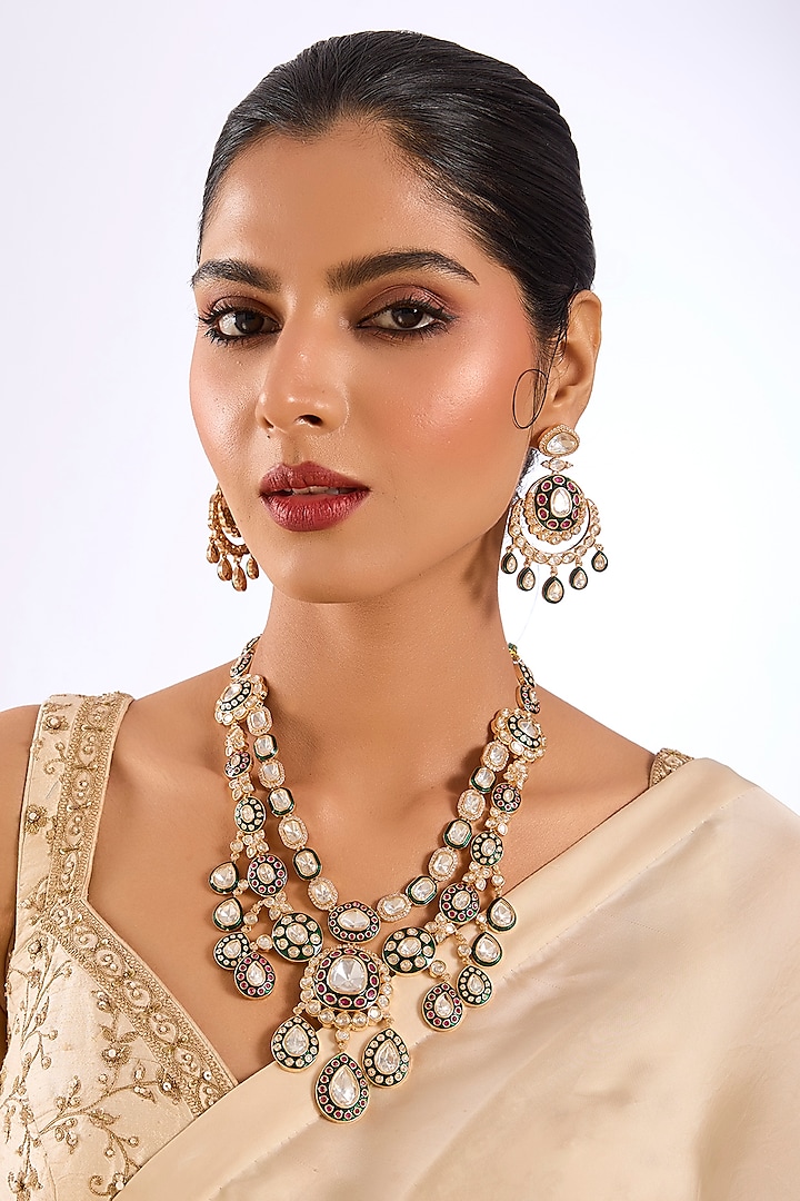 Gold Finish Kundan Stone Layered Necklace Set by Auraa Trends at Pernia's Pop Up Shop