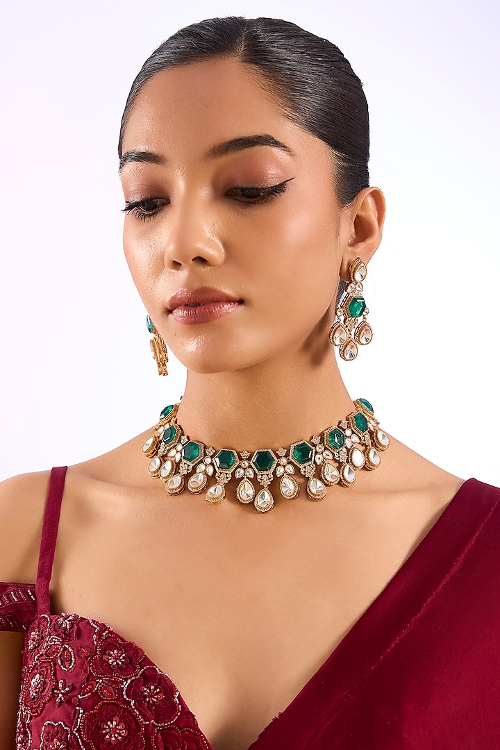 Gold Finish Kundan Polki & Emerald Stone Choker Necklace Set by Auraa Trends at Pernia's Pop Up Shop