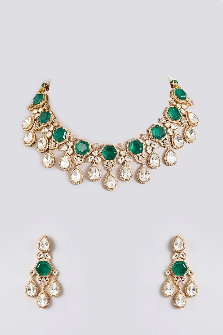 Gold Finish Kundan Polki & Emerald Stone Choker Necklace Set by Aura Trends at Pernia's Pop Up Shop