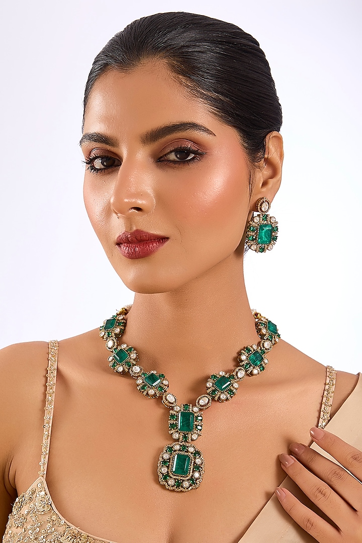 Gold Finish Kundan Polki & Emerald Stone Statement Necklace Set by Auraa Trends at Pernia's Pop Up Shop