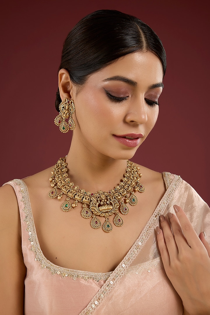 Gold Finish Kundan Polki & Red Stone Necklace Set by Aura Trends at Pernia's Pop Up Shop