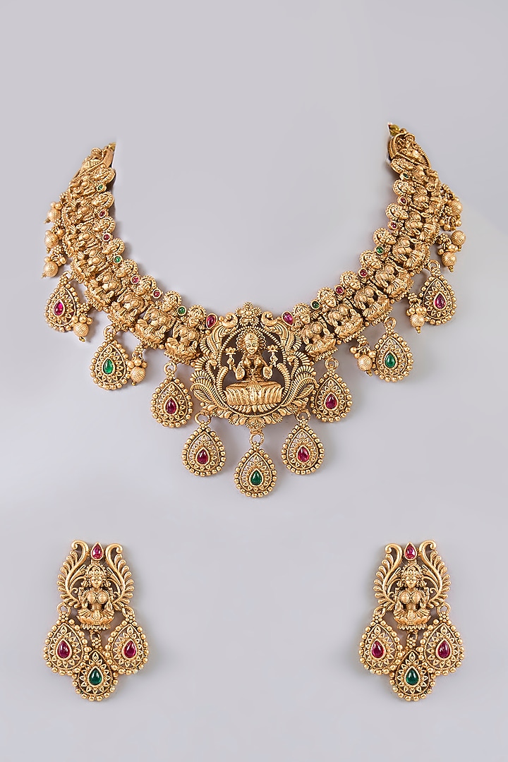Gold Finish Kundan Polki & Red Stone Necklace Set by Aura Trends at Pernia's Pop Up Shop