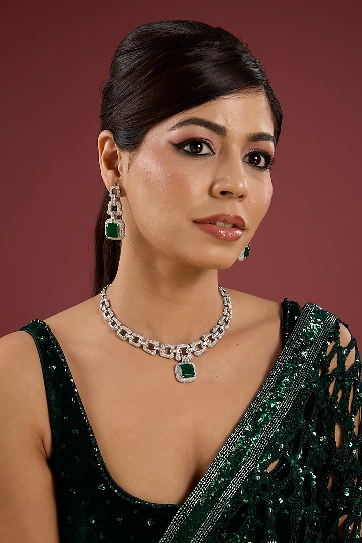 White Finish Green Stone Necklace Set by Auraa Trends at Pernia's Pop Up Shop