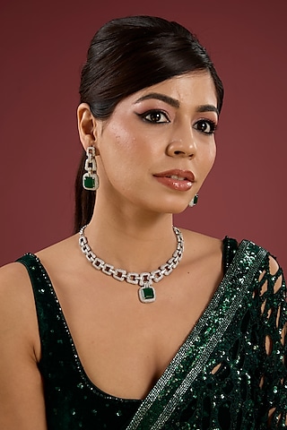 White Finish Green Stone Necklace Set by Aura Trends