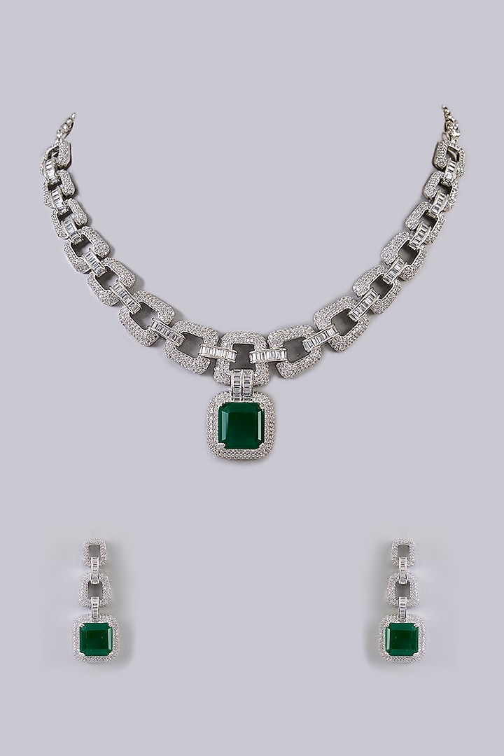 White Finish Green Stone Necklace Set by Aura Trends at Pernia's Pop Up Shop