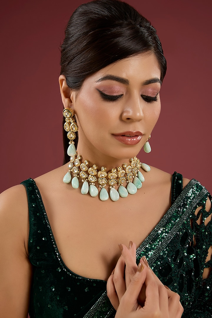 Gold Finish Kundan Polki & Turquoise Stone Necklace Set by Aura Trends at Pernia's Pop Up Shop