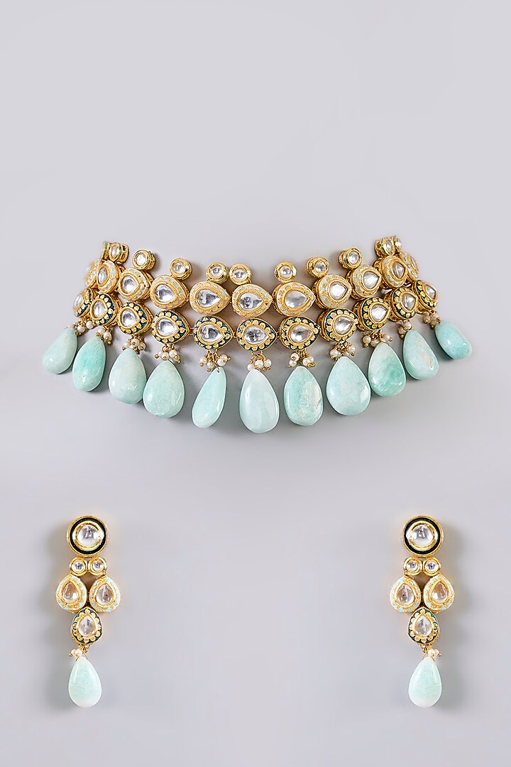 Gold Finish Kundan Polki & Turquoise Stone Necklace Set by Aura Trends at Pernia's Pop Up Shop