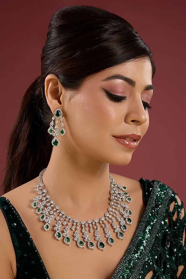 Silver Finish Green & White Stone Dangler Earrings by Aura Trends at Pernia's Pop Up Shop