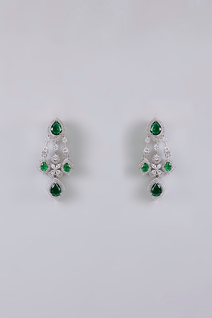Silver Finish Green & White Stone Dangler Earrings by Aura Trends at Pernia's Pop Up Shop