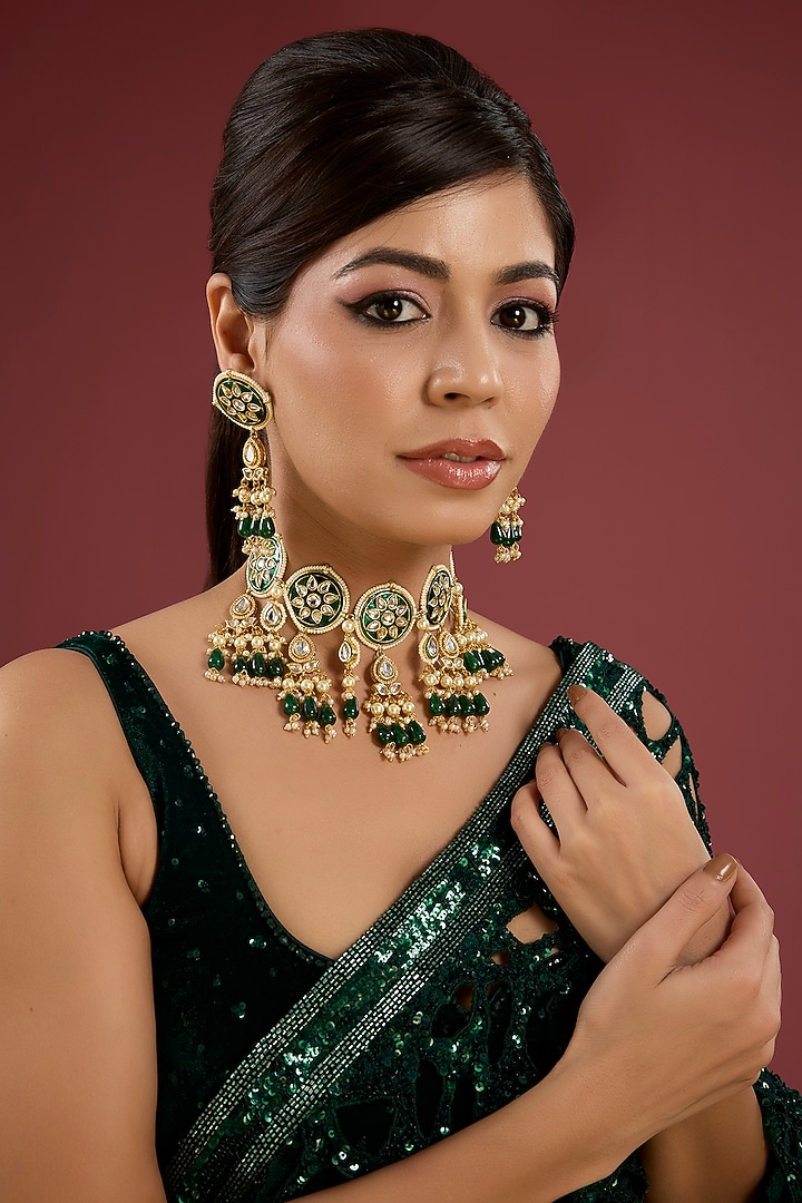 Gold Finish Kundan Polki & Green Stone Necklace Set by Aura Trends at Pernia's Pop Up Shop