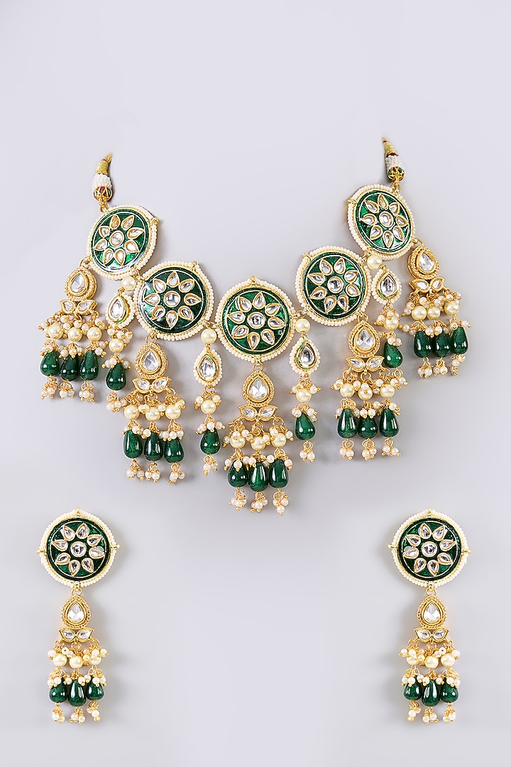 Gold Finish Kundan Polki & Green Stone Necklace Set by Aura Trends at Pernia's Pop Up Shop