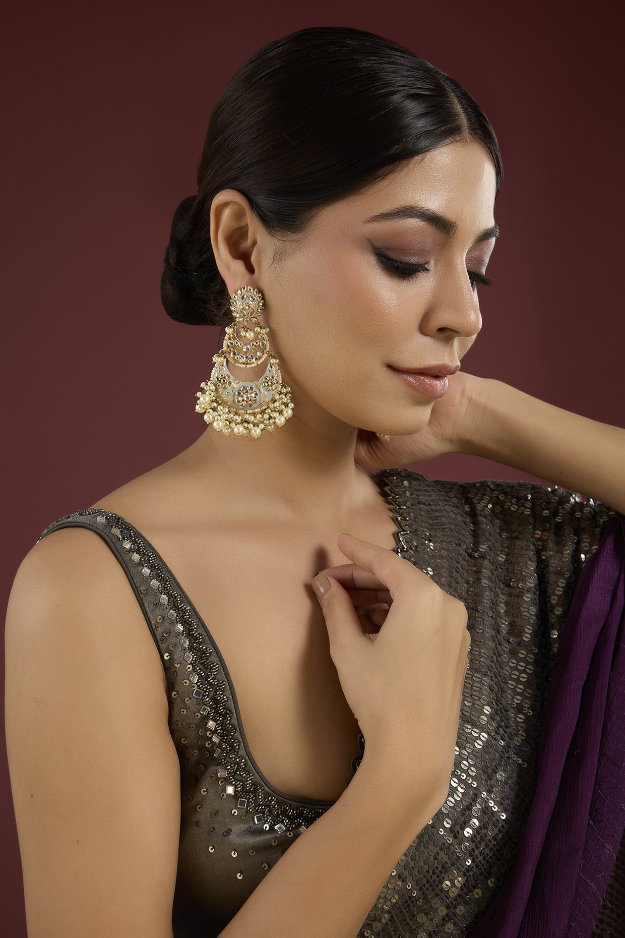 Gold Finish Gold & White Stone Chandbali Earrings by Auraa Trends at Pernia's Pop Up Shop