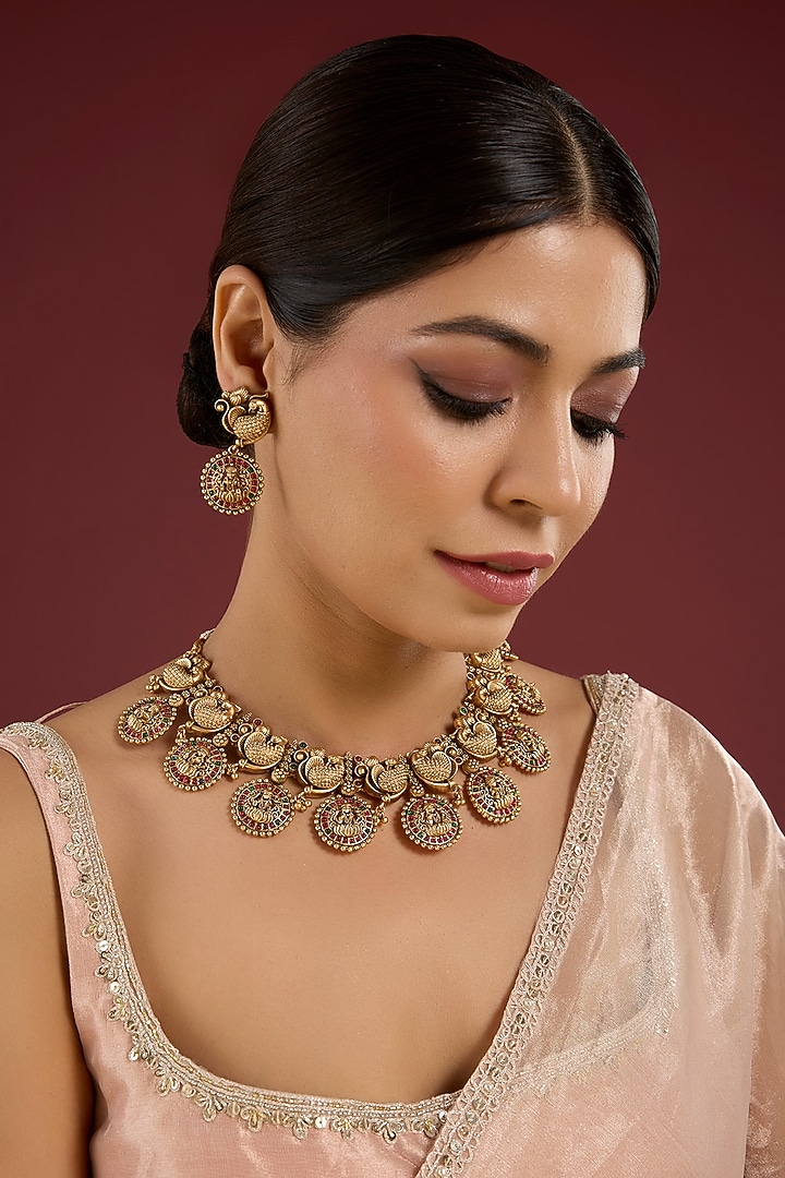 Gold Finish Multi-Colored Stone Necklace Set by Aura Trends at Pernia's Pop Up Shop