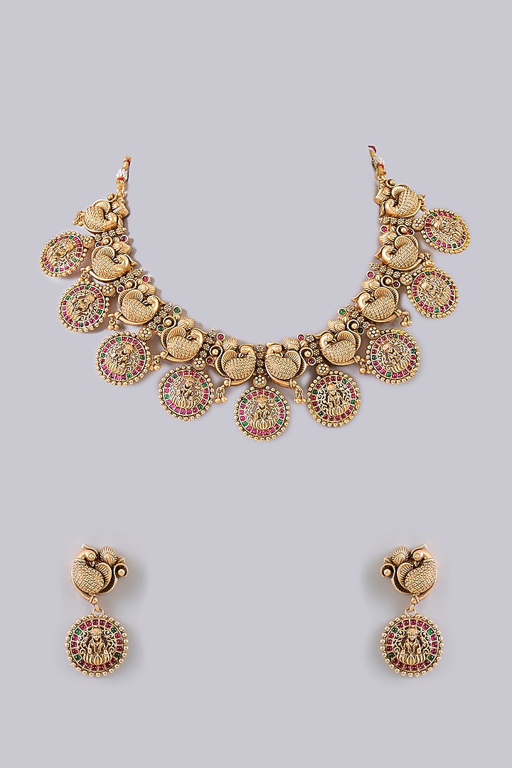 Gold Finish Multi-Colored Stone Necklace Set by Aura Trends at Pernia's Pop Up Shop