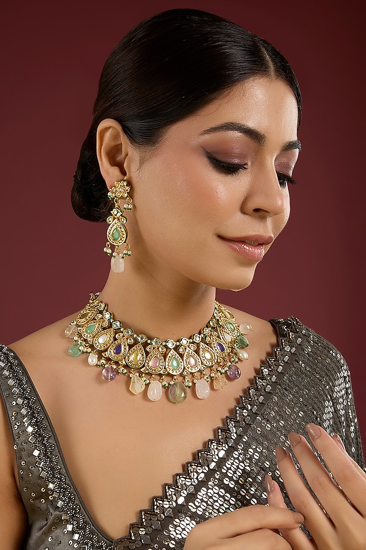 Gold Finish Pearl & Green Stone Necklace Set by Aura Trends at Pernia's Pop Up Shop