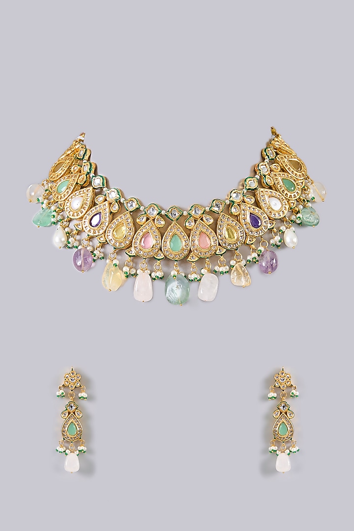 Gold Finish Pearl & Green Stone Necklace Set by Aura Trends at Pernia's Pop Up Shop