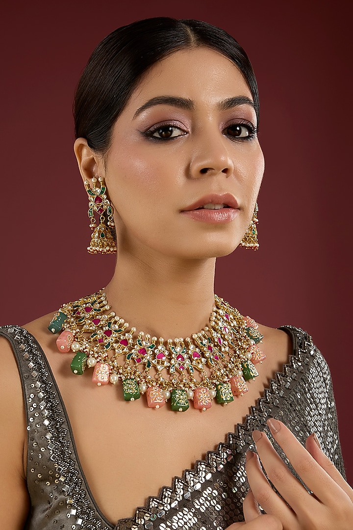 Gold Finish Pink & Green Stone Necklace Set by Aura Trends at Pernia's Pop Up Shop