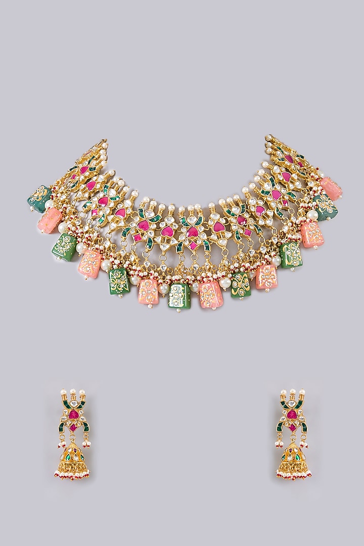 Gold Finish Pink & Green Stone Necklace Set by Aura Trends at Pernia's Pop Up Shop
