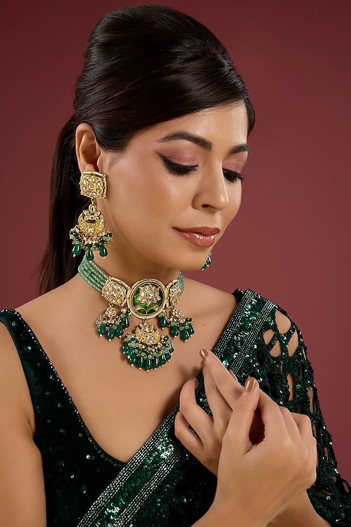 Gold Finish Kundan Polki & Green Gem Stone Necklace Set by Aura Trends at Pernia's Pop Up Shop