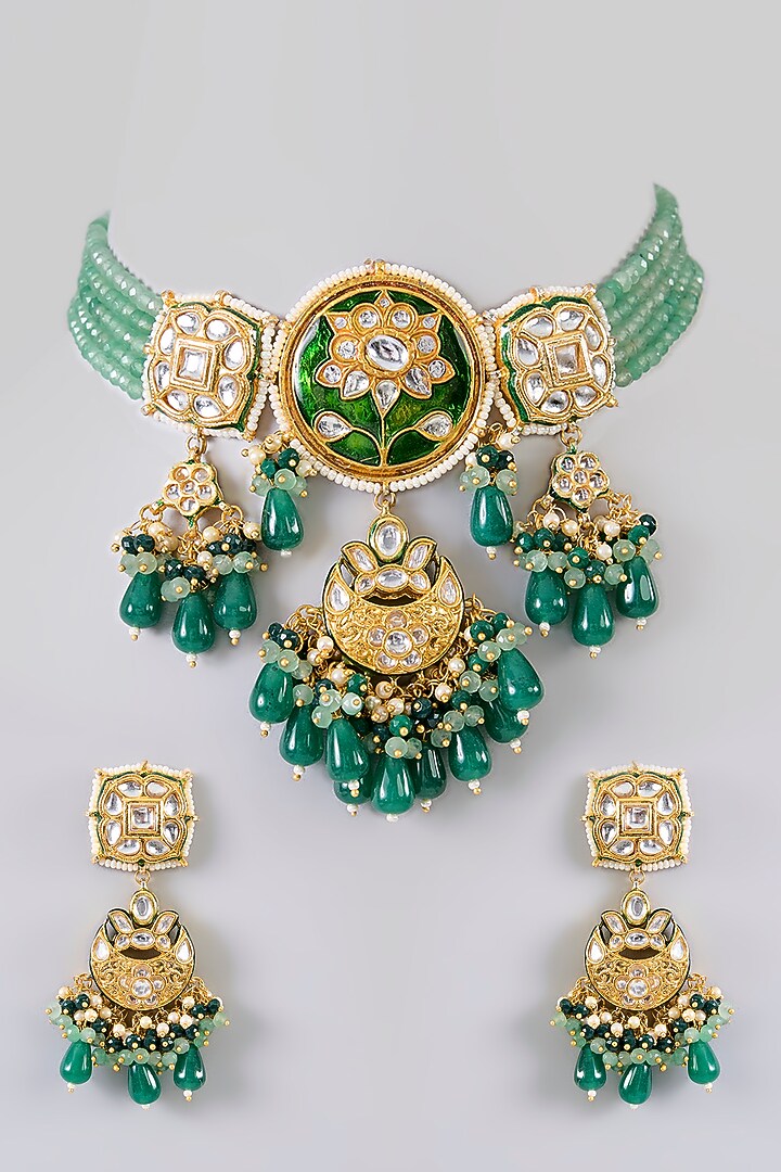 Gold Finish Kundan Polki & Green Gem Stone Necklace Set by Aura Trends at Pernia's Pop Up Shop